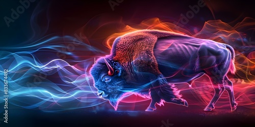 Neon Bison Art: A Surreal s Vibe for Commercial Editorial Ads. Concept Editorial Art, Neon Bison, Surreal Vibe, Commercial Ads, Artistic Style photo
