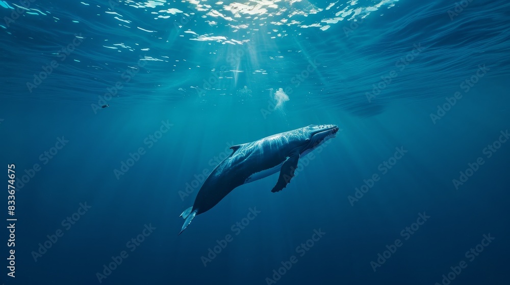 Majestic Whale Swimming Gracefully in a Tranquil Underwater Environment Majestic Whale Swimming Gracefully in a Tranquil Underwater Environment