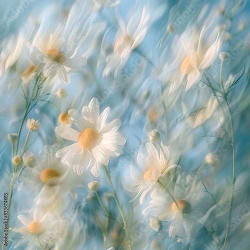 Soft-focus daisy flowers sway in the wind against a blue sky with a motion effect.