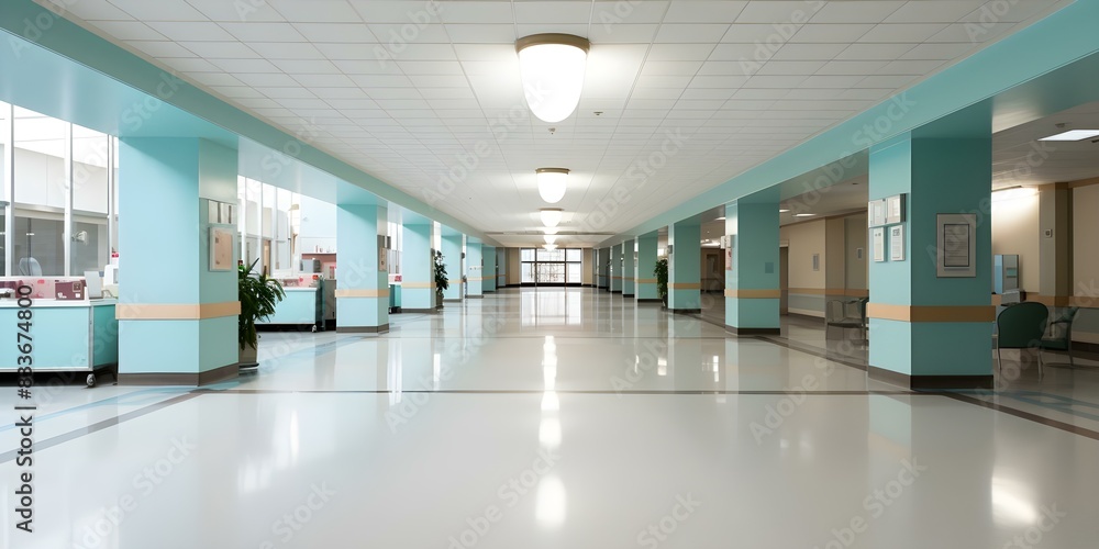 Hospital hallway photo ideal for healthcare or medical research articles. Concept Hospital Environment, Medical Research, Healthcare Industry, Clinical Setting, Hospital Hallway
