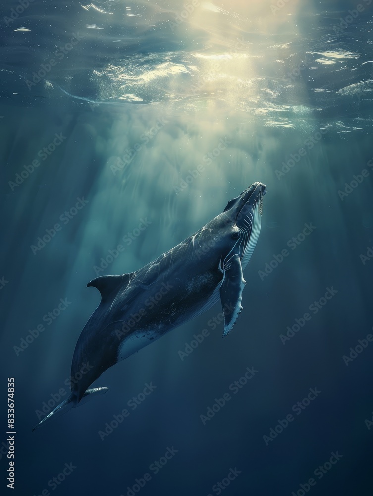 Fototapeta premium Majestic Whale Gliding Through Serene Underwater Seascape with Sunlight Rays - Marine Wildlife Photography Concept