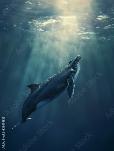 Majestic Whale Gliding Through Serene Underwater Seascape with Sunlight Rays - Marine Wildlife Photography Concept