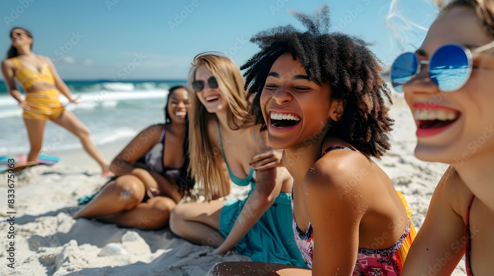 Multicultural Friends Unwind on a Vibrant Beach, Showcasing Inclusion and Leisure Multicultural Friends Unwind on a Vibrant Beach, Showcasing Inclusion and Leisure