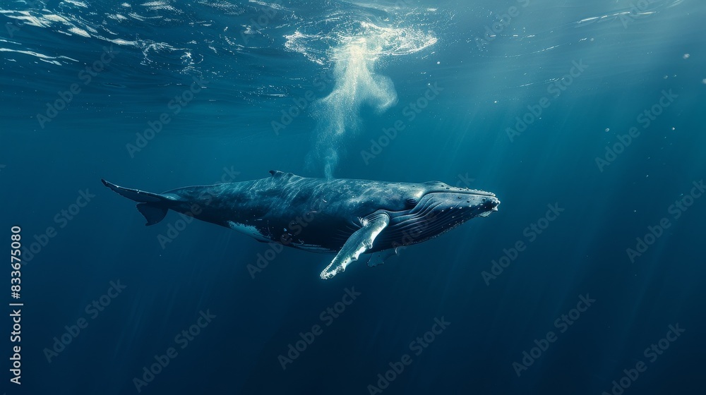 Fototapeta premium Majestic Whale Swimming in Clear Blue Waters Under Natural Light