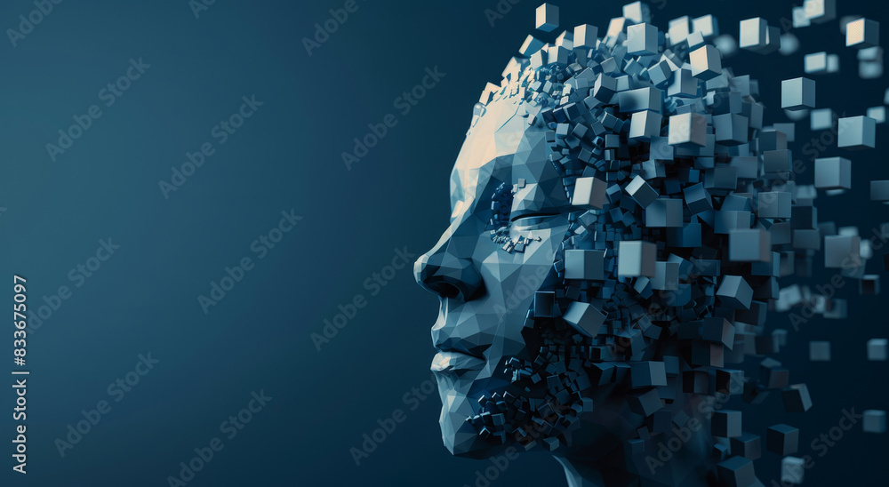 A face made of blocks is shown in a blue background by AI generated image A face made of blocks is shown in a blue background by AI generated image