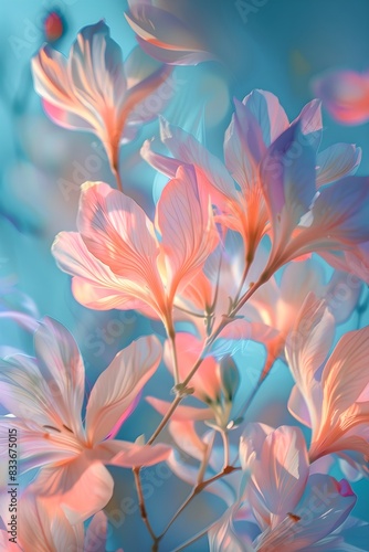 Soft-focus flowers sway in the wind against a blue sky with a motion effect.