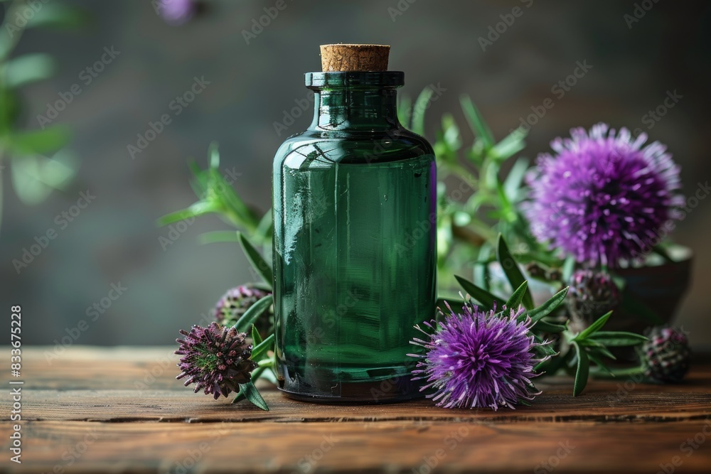 wooden table with green bottle of milk thistle supplement, promoting natural herbal remedy concept great for banners wooden table with green bottle of milk thistle supplement, promoting natural herbal remedy concept great for banners