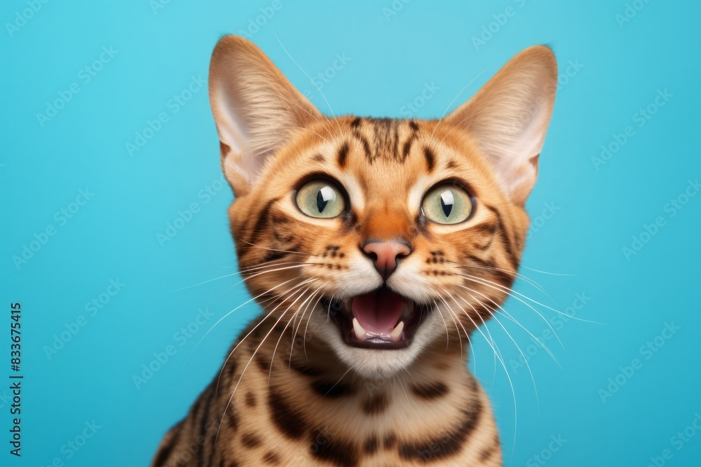 Portrait of a happy cheetoh cat isolated in pastel blue background Portrait of a happy cheetoh cat isolated in pastel blue background