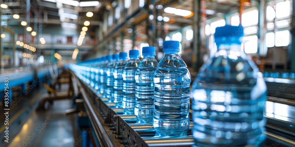 Bottles of water on a conveyor belt in a modern bottling plant with advanced machinery and bright industrial lighting, showcasing efficient production
Bottles of water on a conveyor belt in a modern bottling plant with advanced machinery and bright industrial lighting, showcasing efficient production