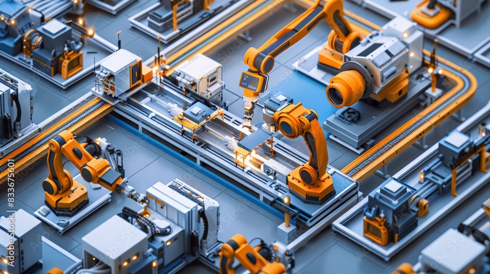 Advanced Robotics in Action: Illustrate robots performing complex tasks in an industrial setting, emphasizing their precision and capabilities.