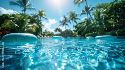 Summer Bliss  Sparkling Pool with Colorful Inflatables on a Sunny Day