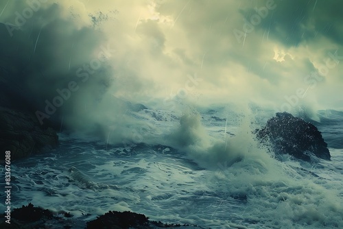 Symphony of a stormy sea clashing with rocks