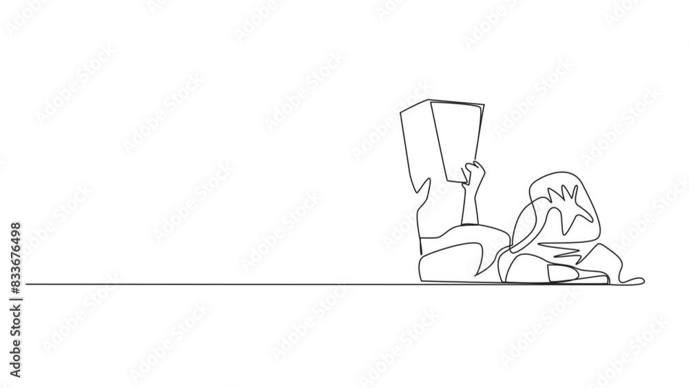 Self drawing animation of continuous line drawing woman lying on back reading book. Reading favorite comic. Big fan of fiction books. Enjoy storyline. Reading increases insight. Full length animated Self drawing animation of continuous line drawing woman lying on back reading book. Reading favorite comic. Big fan of fiction books. Enjoy storyline. Reading increases insight. Full length animated
