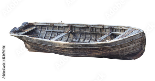 Old vintage wooden fishing boat isolated on white or transparent background photo