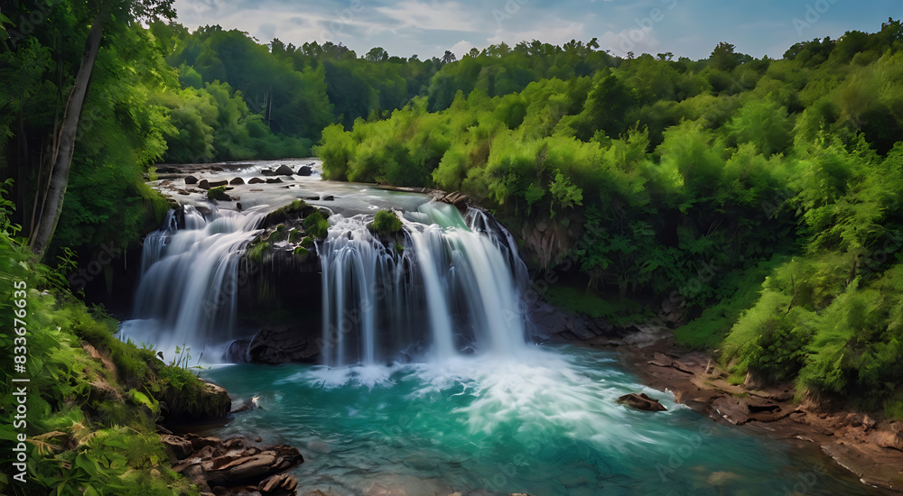 Naklejka premium Majestic Forest Waterfall Background Nature Green