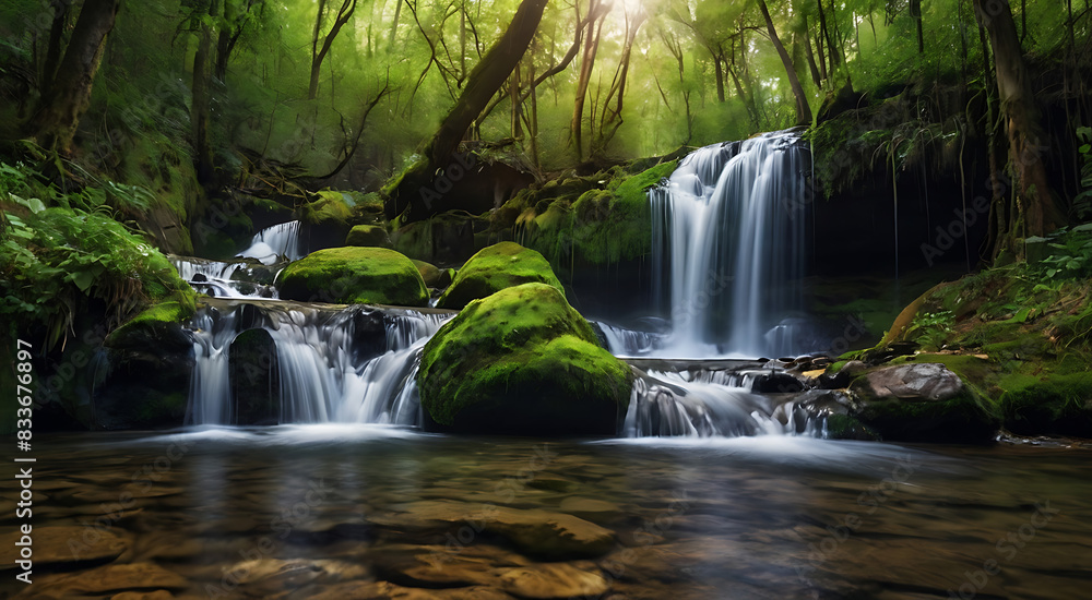Obraz premium Majestic Forest Waterfall Background Nature Green