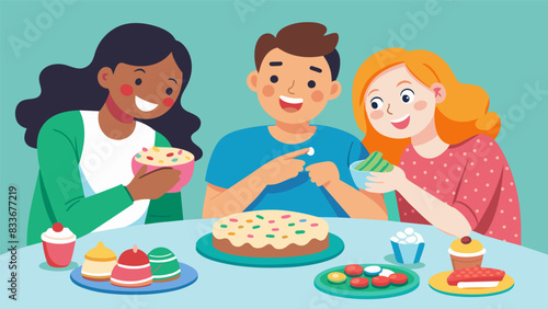 A group of friends decorating cookies with colorful frosting and sprinkles creating unique designs and sharing plenty of laughs.. Vector illustration