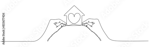 Hands holding house with heart shape continuous line drawn. Charity symbol. Vector illustration isolated on white background.	