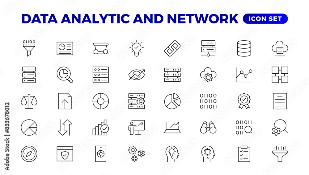 Big data analysis thin line icon set. Data processing outline pictograms for website and mobile app GUI. Digital analytics simple UI, UX vector icons