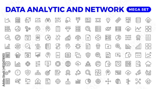 Big data analysis thin line icon set. Data processing outline pictograms for website and mobile app GUI. Digital analytics simple UI, UX vector icons
