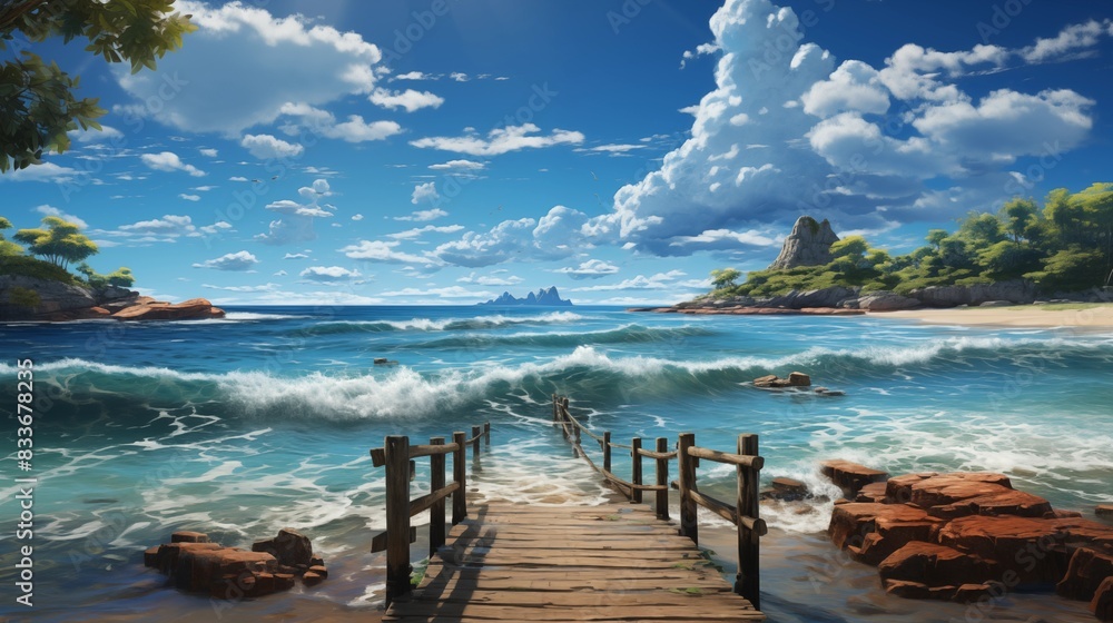 Wooden Dock Stretching into Ocean Waves with Tropical Background