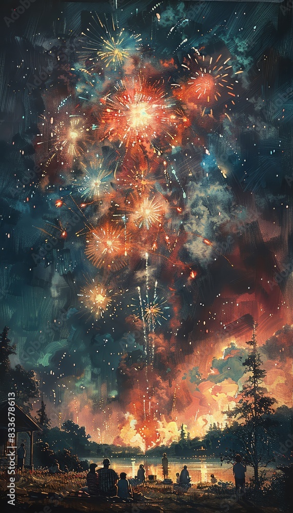 Fourth of July celebration in a suburban park,watercolor-style Fourth of July celebration in a suburban park,watercolor-style