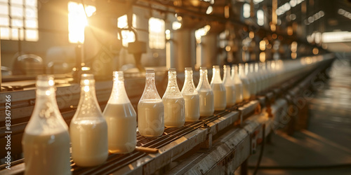 Bottles of milk on a conveyor belt in a dairy processing plant illuminated by warm sunlight  showcasing an efficient production line and high-quality dairy products 