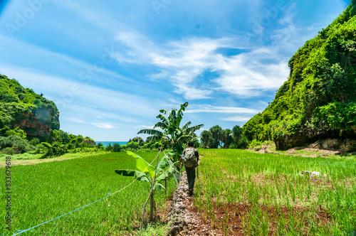 Obraz na płótnie Gunungkidul, Indonesia - December 26, 2016. Asian man walks exploring towards Ngelangkap beach during the day. w salonie
