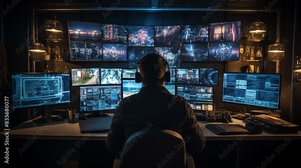 Security operator monitoring multiple screens in a dark control room filled with advanced technology and surveillance equipment. Security operator monitoring multiple screens in a dark control room filled with advanced technology and surveillance equipment.