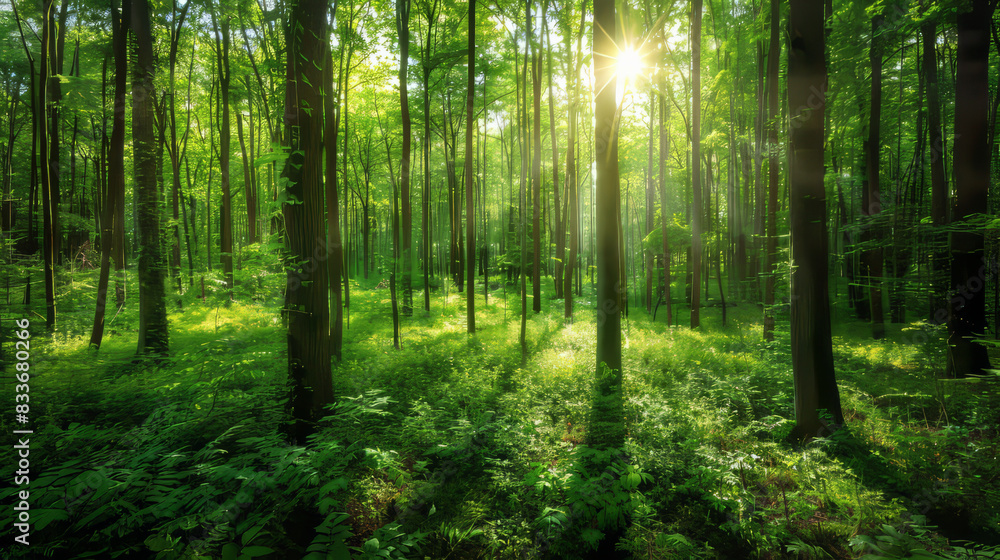 Obraz premium a lush green forest with sunlight filtering through the trees, ideal for nature-themed backgrounds