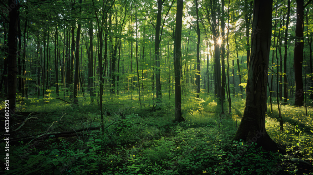 Obraz premium a lush green forest with sunlight filtering through the trees, ideal for nature-themed backgrounds