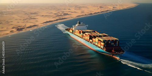 Global trade disrupted by vessel blocking Suez Canal. Concept Global Trade, Suez Canal, Vessel Blockage, Supply Chain Disruption, Economic Impact photo
