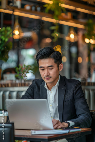 a young Asian businessman working on his laptop in a stylish urban cafe