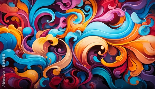 Vibrant abstract painting with colorful swirling patterns, blending blues, pinks, oranges, and yellows creating a dynamic, energetic composition.