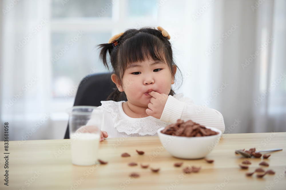 chubby child girl enjoy eating chocolate cereal on the table chubby child girl enjoy eating chocolate cereal on the table