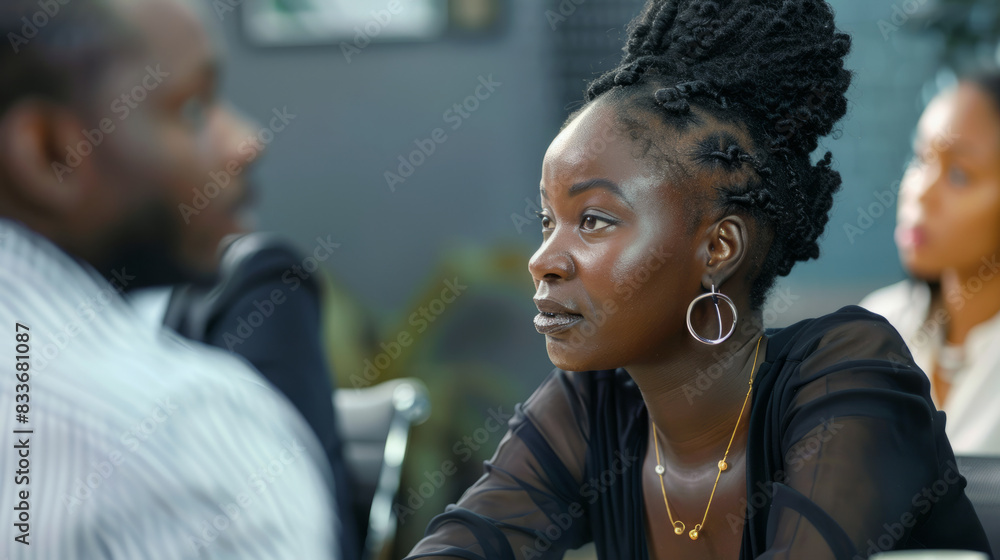 an African businesswoman discussing a project with colleagues in a modern conference room an African businesswoman discussing a project with colleagues in a modern conference room
