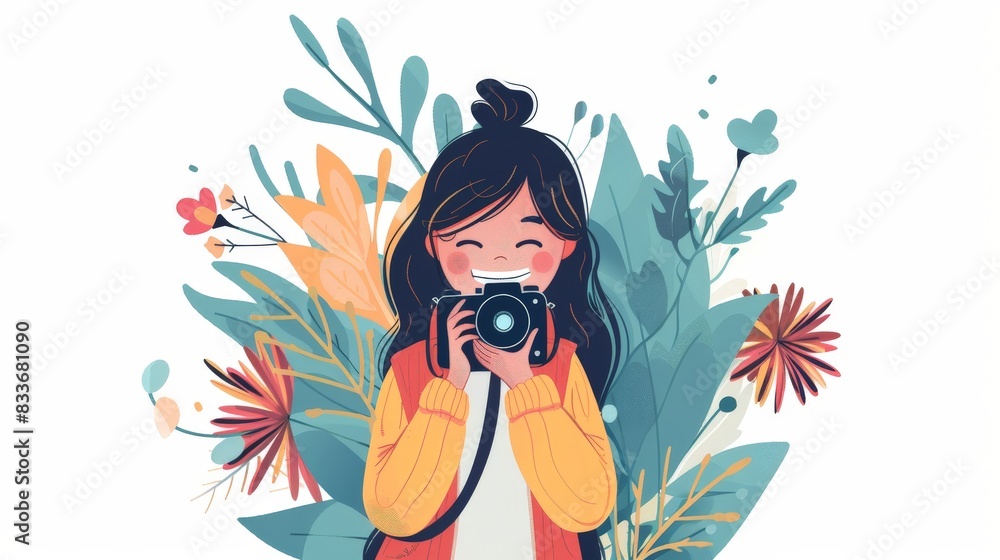 Illustration of a photographer girl with a camera on a white background. Illustration of a photographer girl with a camera on a white background.