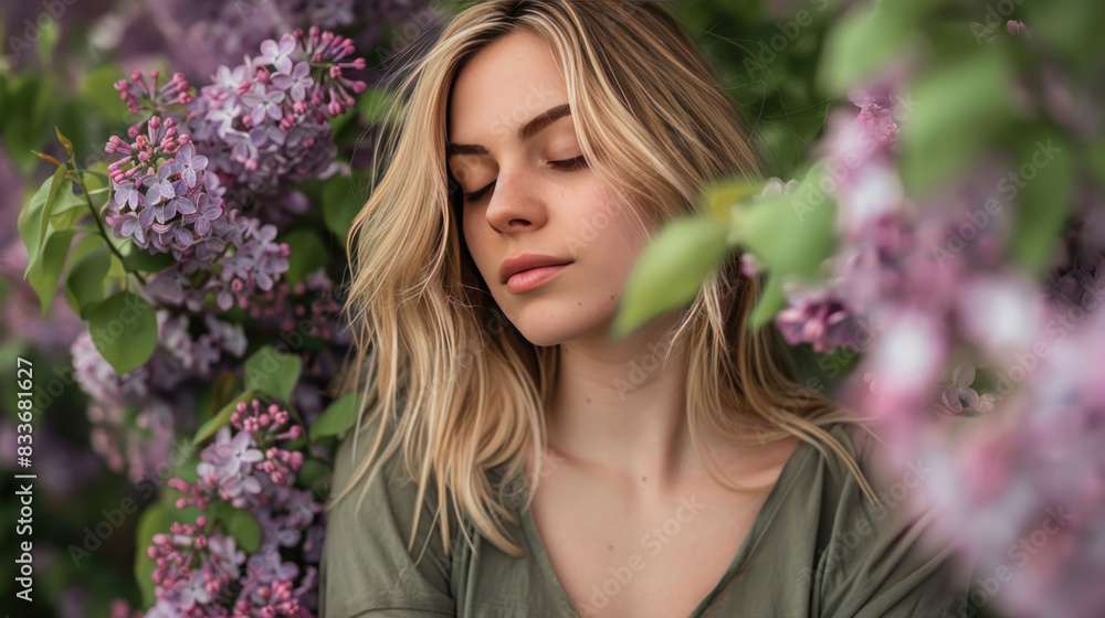 Stylish blonde woman wearing a green shirt, enchanted by the purple lilac flowers around her, capturing a serene moment by a blossoming lilac tree. Stylish blonde woman wearing a green shirt, enchanted by the purple lilac flowers around her, capturing a serene moment by a blossoming lilac tree.