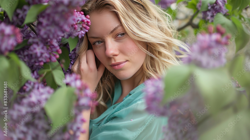 Stylish blonde woman wearing a green shirt, enchanted by the purple lilac flowers around her, capturing a serene moment by a blossoming lilac tree. Stylish blonde woman wearing a green shirt, enchanted by the purple lilac flowers around her, capturing a serene moment by a blossoming lilac tree.