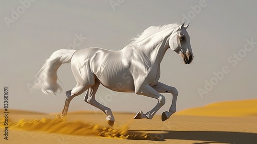 An elegant white horse running at full speed across golden sands  with the rising sun casting long shadows and highlighting the horsea  s sleek form against a clear sky.