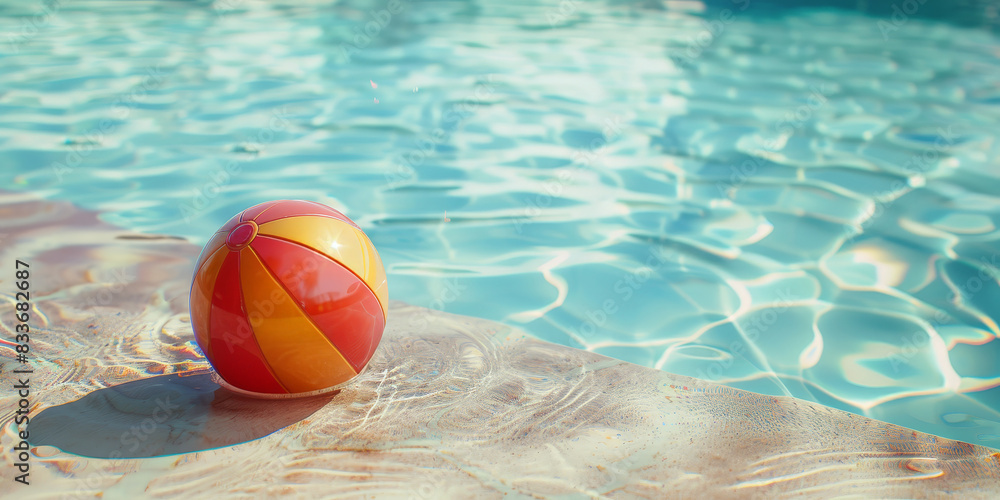 Colorful beach ball floating on a tranquil sea under a clear sky with soft sunlight and gentle waves, evoking a serene and relaxing summer atmosphere
