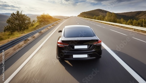 Back view tracking shot of a black car speeding on empty highway