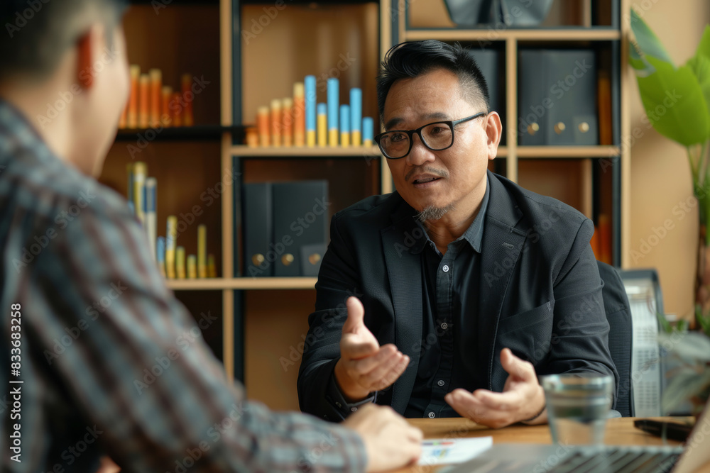 an East Asian business consultant advising a client on business growth strategies in a contemporary office an East Asian business consultant advising a client on business growth strategies in a contemporary office