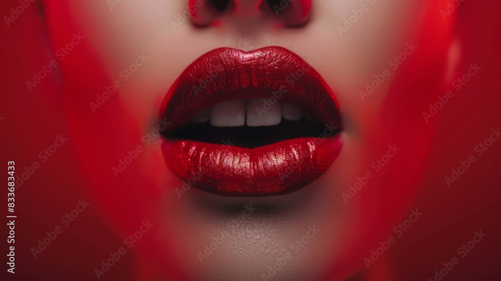 juicy lips with red, bright and shiny lipstick on a smooth red background. juicy lips with red, bright and shiny lipstick on a smooth red background.