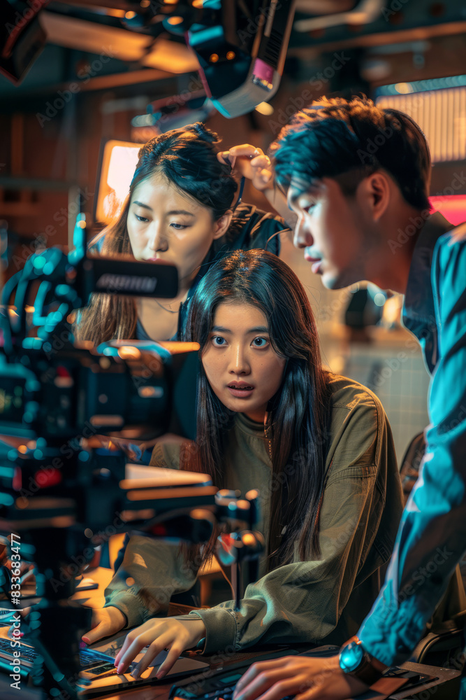an East Asian creative team collaborating on a video project in a high-tech studio an East Asian creative team collaborating on a video project in a high-tech studio