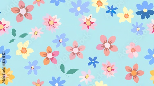 Flower wallpaper flat design top view macro theme cartoon drawing colored pastel. Seamless Pattern, Fabric Pattern.