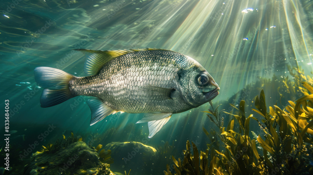 Underwater portrait of a sea bream, with sunlight filtering through the water, illuminating its shimmering scales and creating a peaceful scene. Underwater portrait of a sea bream, with sunlight filtering through the water, illuminating its shimmering scales and creating a peaceful scene.