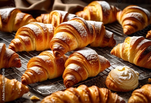 pastry chef baking flaky croissants professional kitchen, delicious, rolling, dough, butter, apron, culinary, expertise, skillful, french, breakfast, aroma,