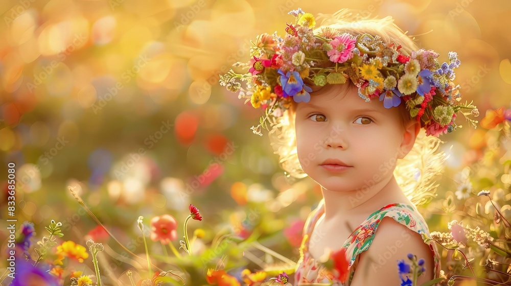 An innocent portrait of a child wearing a crown of wildflowers in various colors, located in a field of multicolored blooms, under the golden afternoon sun. An innocent portrait of a child wearing a crown of wildflowers in various colors, located in a field of multicolored blooms, under the golden afternoon sun.