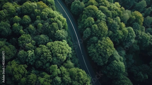 A winding road between the trees of a dense beautiful forest, a view from a drone. © nikola-master
